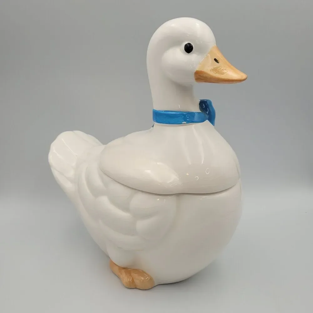 VTG White Goose Blue Bow Cookie Jar Cottage Farmhouse Country Granny 80s Kitchen